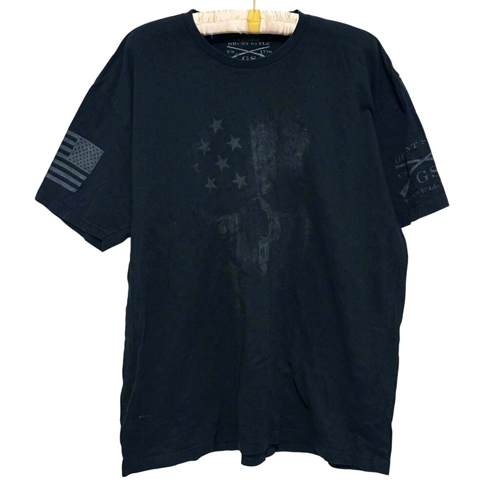 Y2K Grunt Style Mens USA Flag Skull Military Graphic Tshirt XXL Black Streetwear